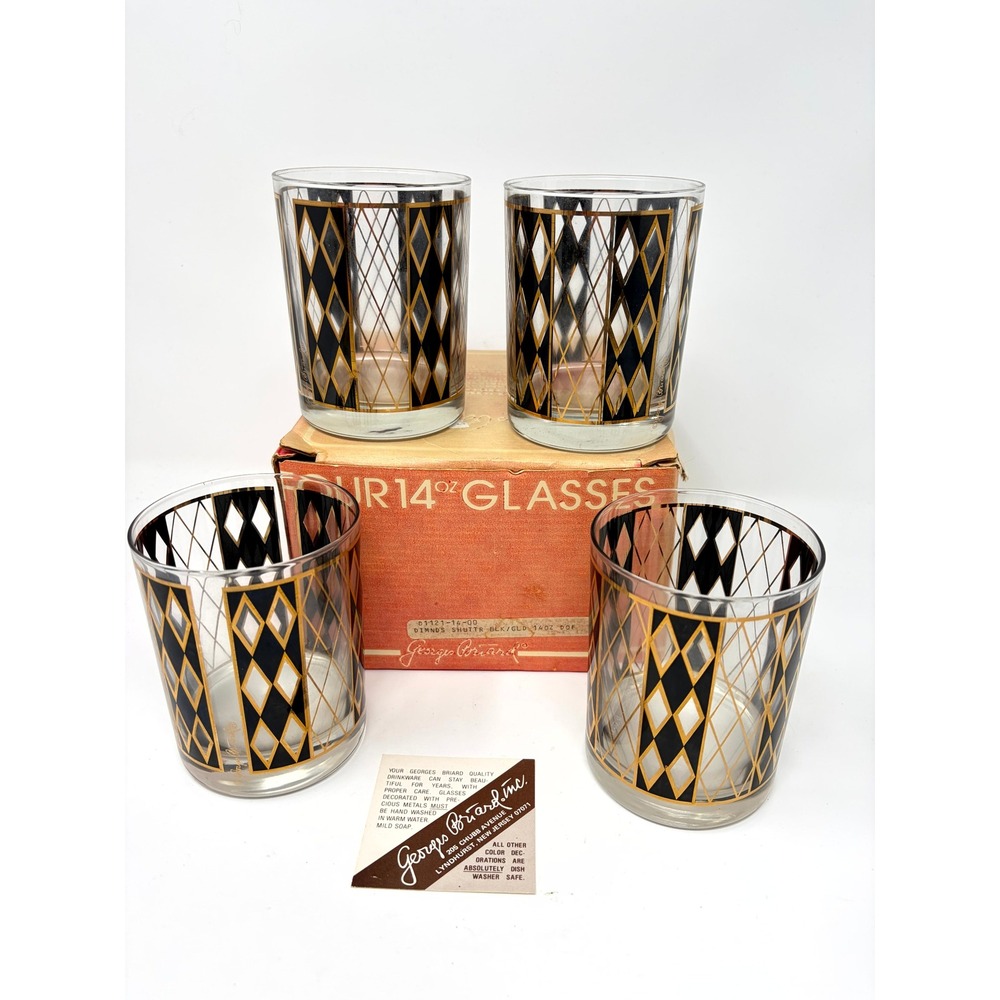 Georges Briard Harlequin Diamond Glasses Set of 4 Black Gold MCM 14oz